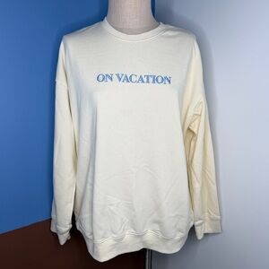 pretty garbage Light Yellow Blue Embroidered “On Vacation” Crewneck Sweatshirt S